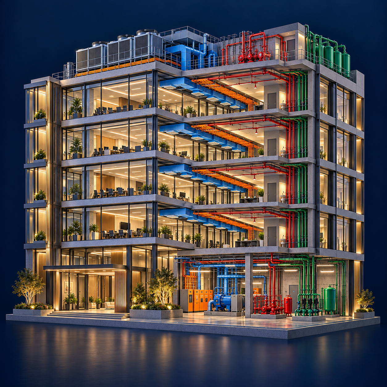 Building MEP concept with cooling, electrical, plumbing and fire fighting systems