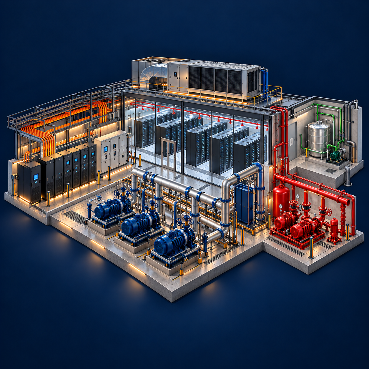 Data centre MEP concept with cooling pumps, electrical equipment, fire fighting and plumbing